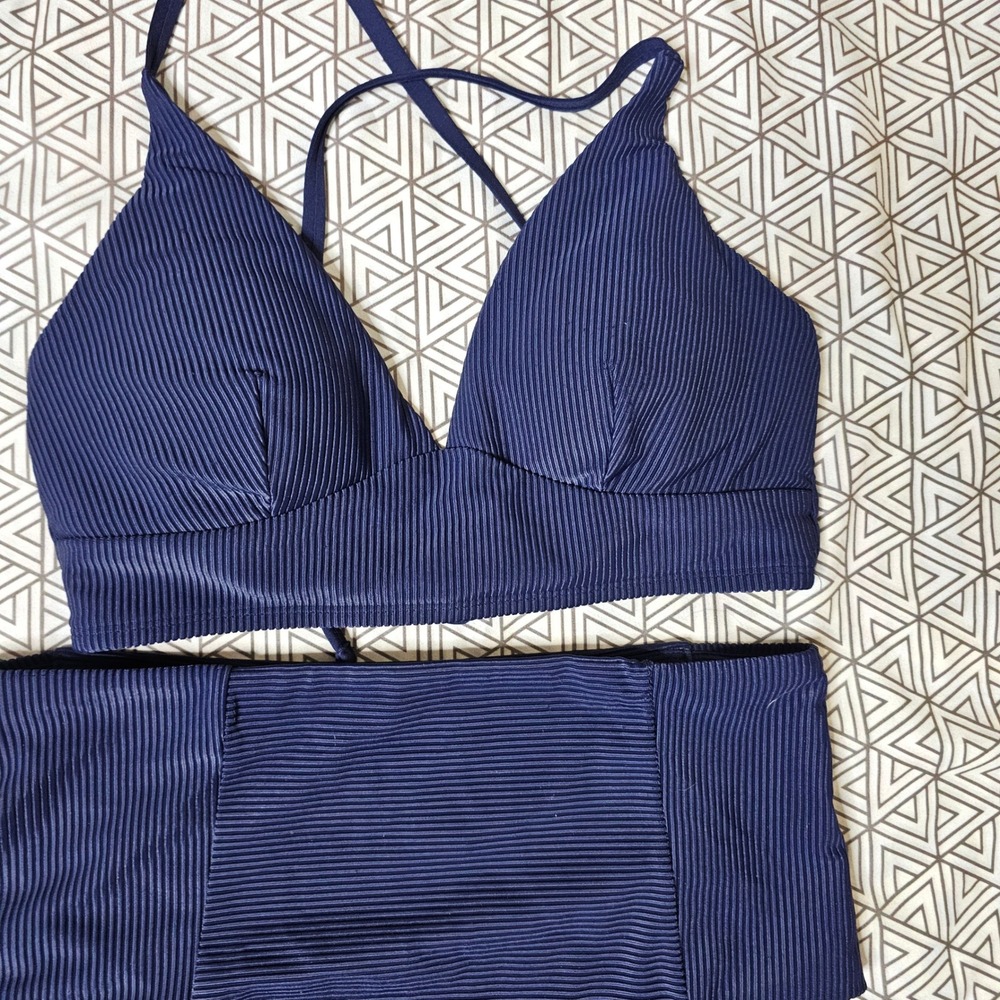 CALIA Womens Opulent Blue Rib High Rise Bikini Set Tummy Control Size M NEW - Picture 3 of 10